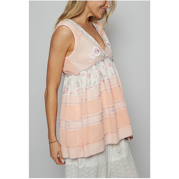 POL Floral Embroidered V neck Reverse Stitch Sleeveless Flowy Tank Top - Picture 6 of 7